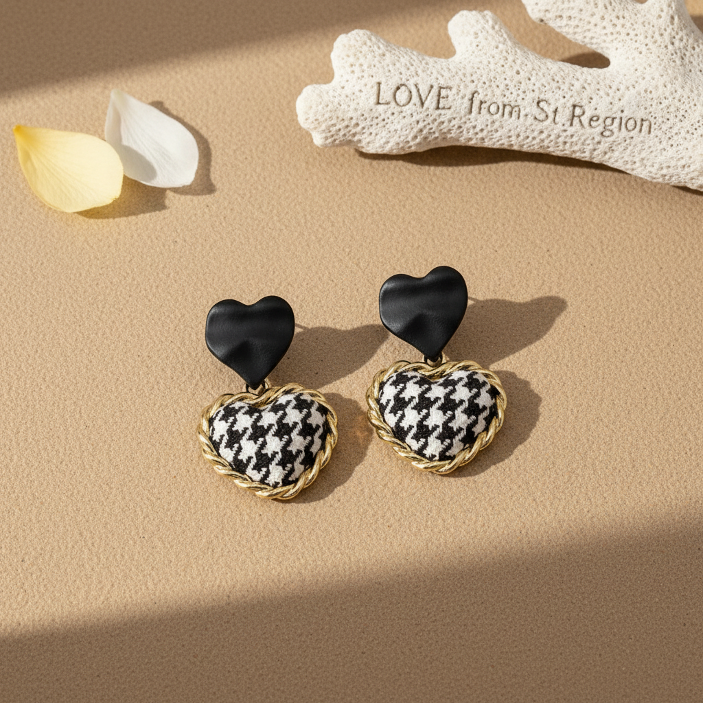 Black Enamel & Polyster Goldtone Checkboard Heart Drop Earrings