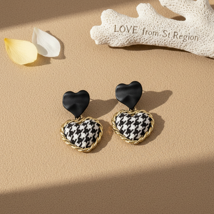 Black Enamel & Polyster Goldtone Checkboard Heart Drop Earrings