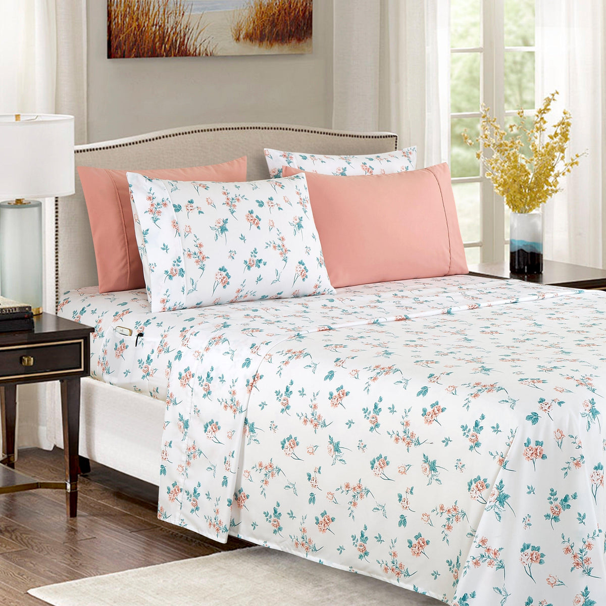 Elegant Comfort 6-Piece Floral and Stripe Pattern Sheet Set - Soft as a Hotel Premium Quality Bedding