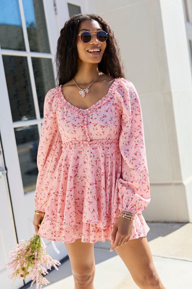 Farah Pink Floral Ruffle Trim Romper