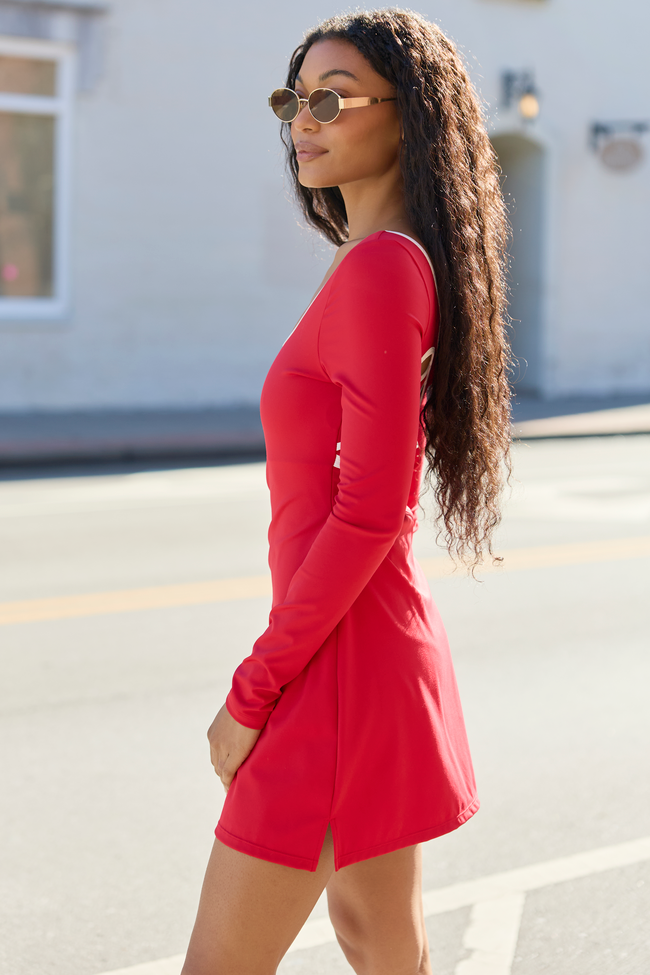 Chasing Victory Cherry Red Long Sleeve Active Dress