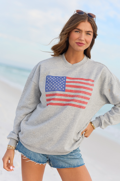 Distressed Flag Light Grey Graphic Sweatshirt