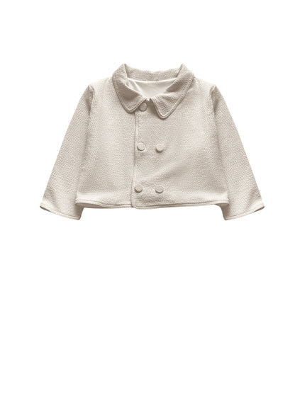 Cream Textured Knit Cropped Blazer Skirt Set_Girls
