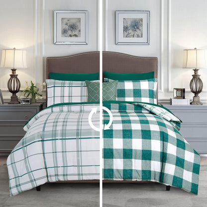 Elegant Comfort 8-Piece Lodge Plaid and Patch Reversible Comforter Set - Includes 4-Piece Sheet Set with Double Sided Storage Pockets