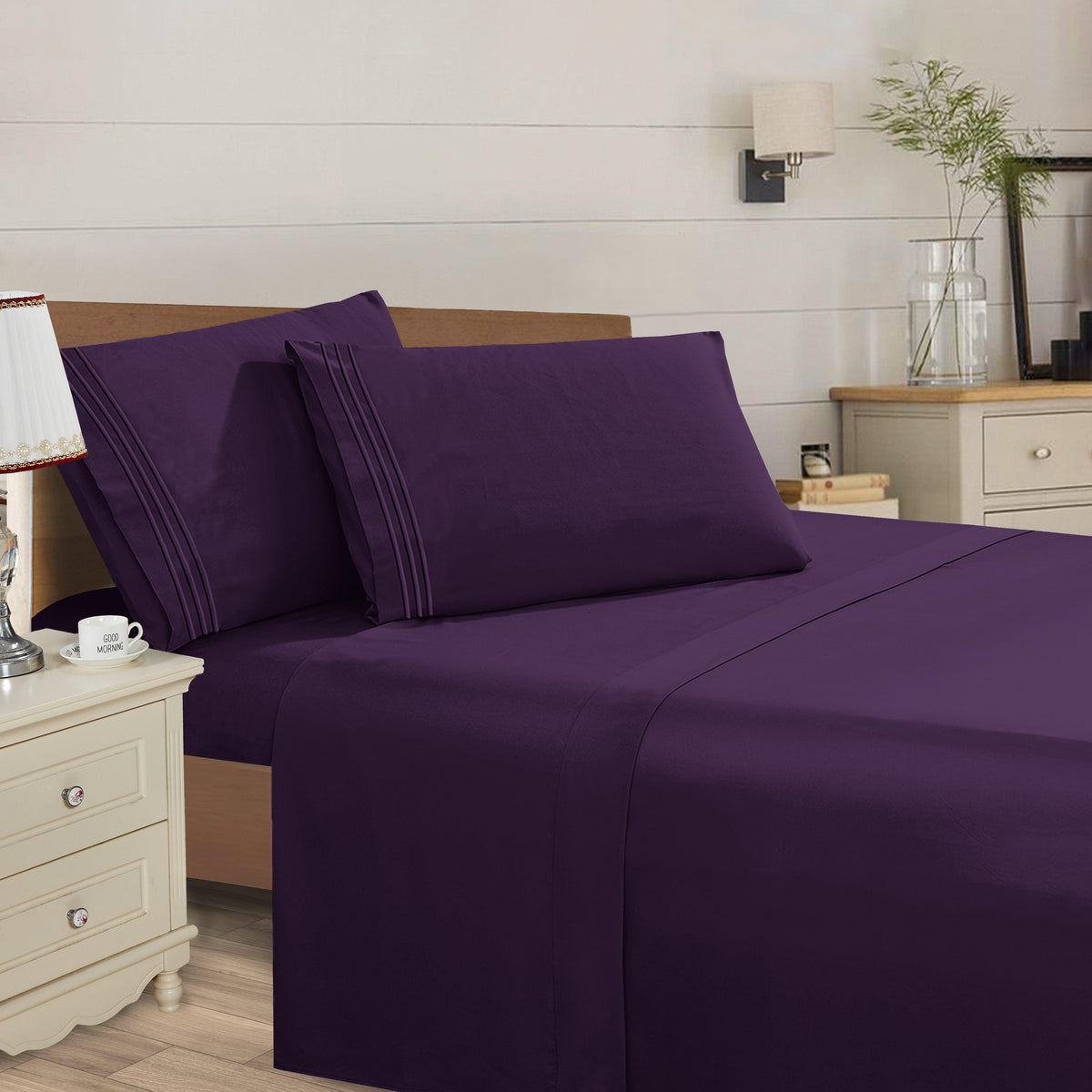 Elegant Comfort Essential 4-Piece 3-Line Embroidery Sheet Set, Soft as a Hotel Premium Quality,  Moody Shades