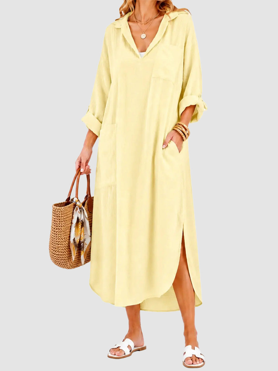 Womens Casual Loose Long Shirt Dress Side Split Dresses with Pockets