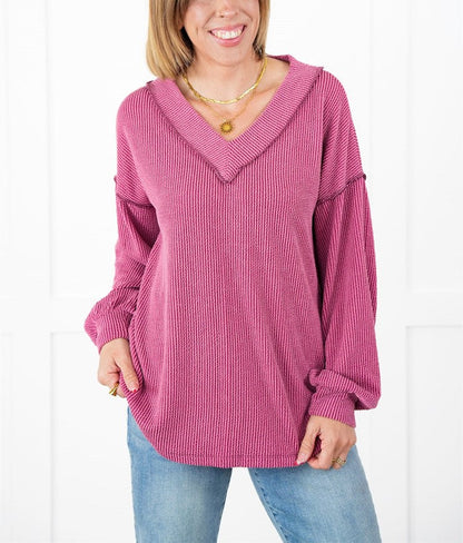 Women's Ribbed Long Sleeve V-Neck Pullover Top