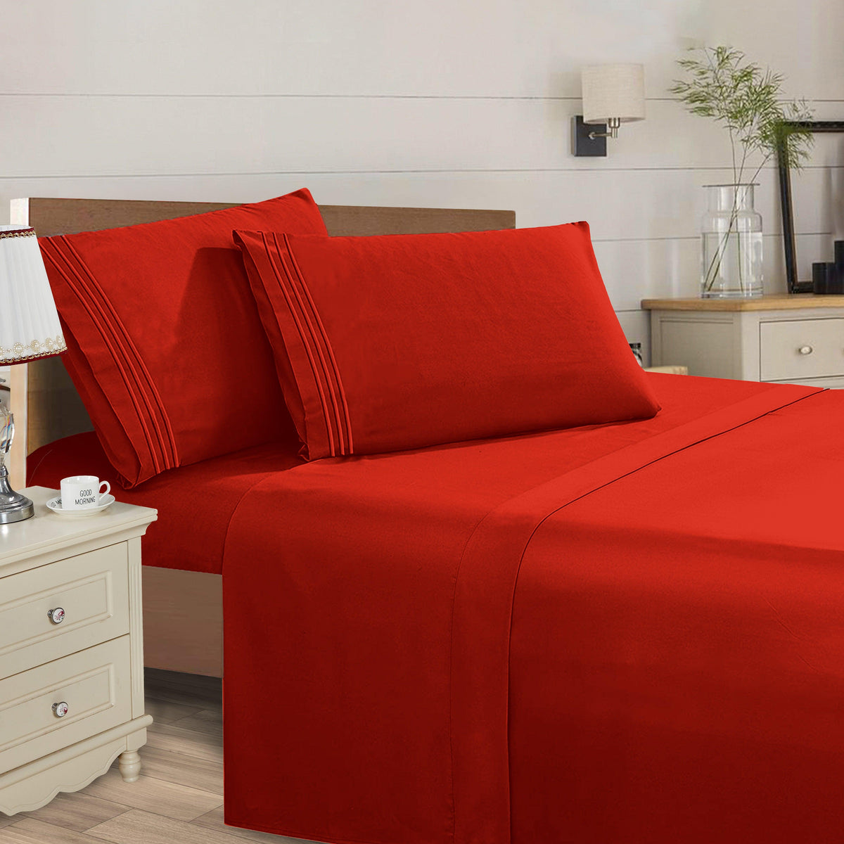 Elegant Comfort Essential 4-Piece 3-Line Embroidery Sheet Set, Soft as a Hotel Premium Quality,  Moody Shades