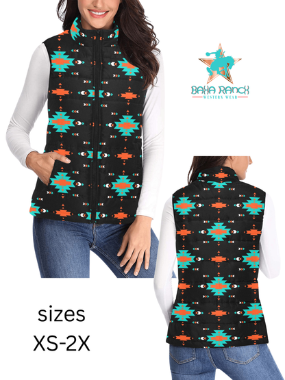 Baha Ranch Turquoise Orange Aztec Women's Western Puffy Vest
