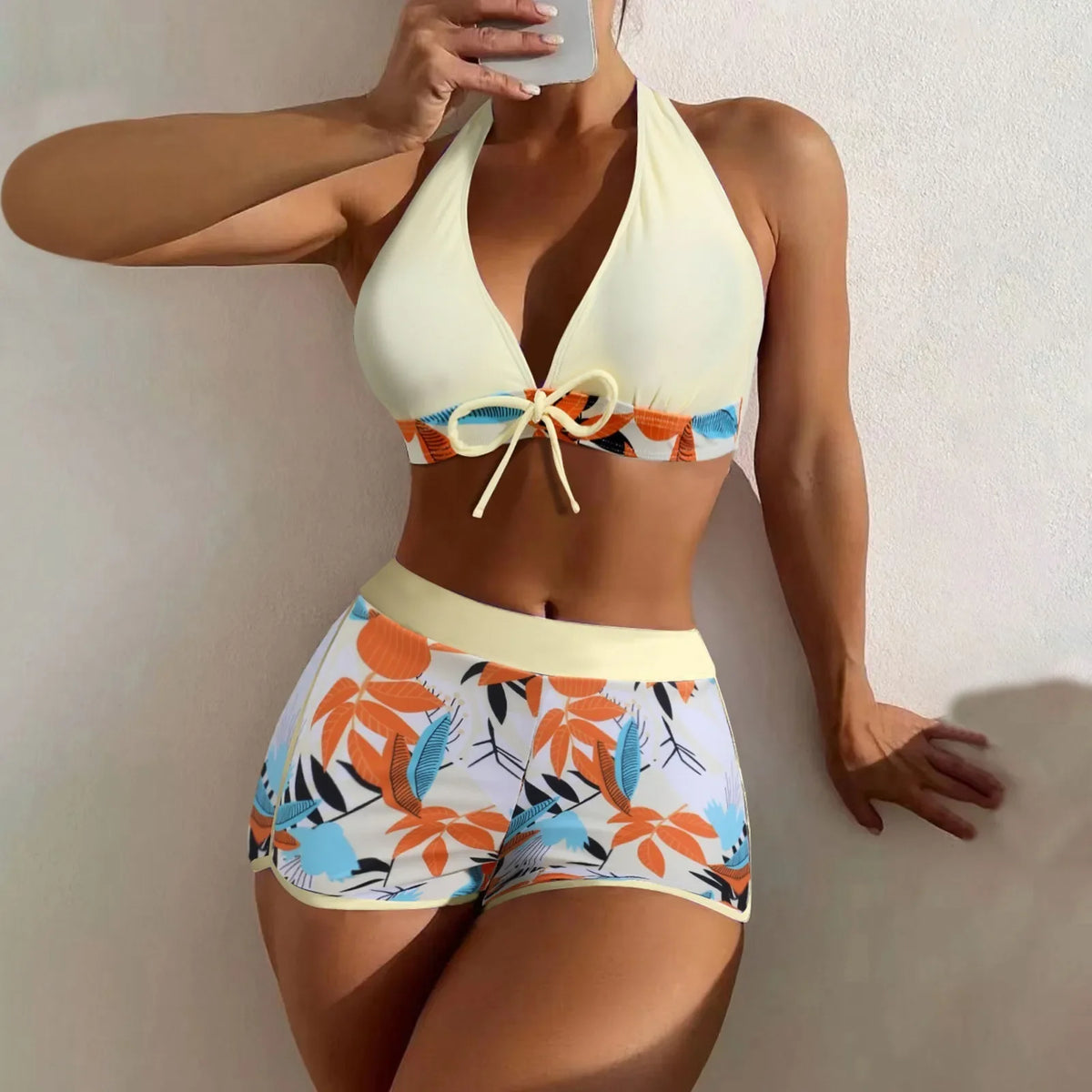 Women's Paneled Printed Swimsuit Ladies Fashion High Waist Swimsuit Two-Piece Set V-Neck Bathing Suits Female