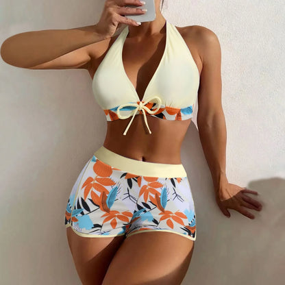 Women's Paneled Printed Swimsuit Ladies Fashion High Waist Swimsuit Two-Piece Set V-Neck Bathing Suits Female