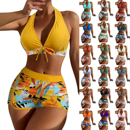Women's Paneled Printed Swimsuit Ladies Fashion High Waist Swimsuit Two-Piece Set V-Neck Bathing Suits Female
