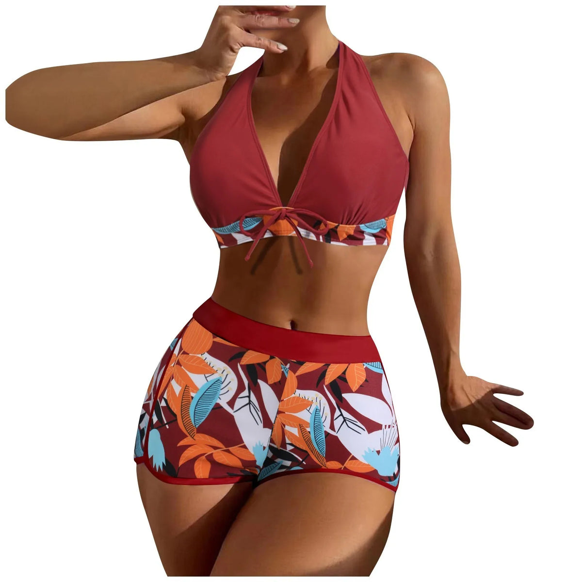 Women's Paneled Printed Swimsuit Ladies Fashion High Waist Swimsuit Two-Piece Set V-Neck Bathing Suits Female