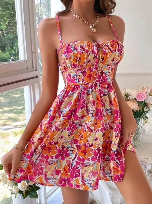 Womens Dresses 2026 Spring Summer New Fashion Floral Print Square Collar Backless Beach Vacation Lace Up Casual Mini Dress