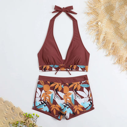 Women's Paneled Printed Swimsuit Ladies Fashion High Waist Swimsuit Two-Piece Set V-Neck Bathing Suits Female