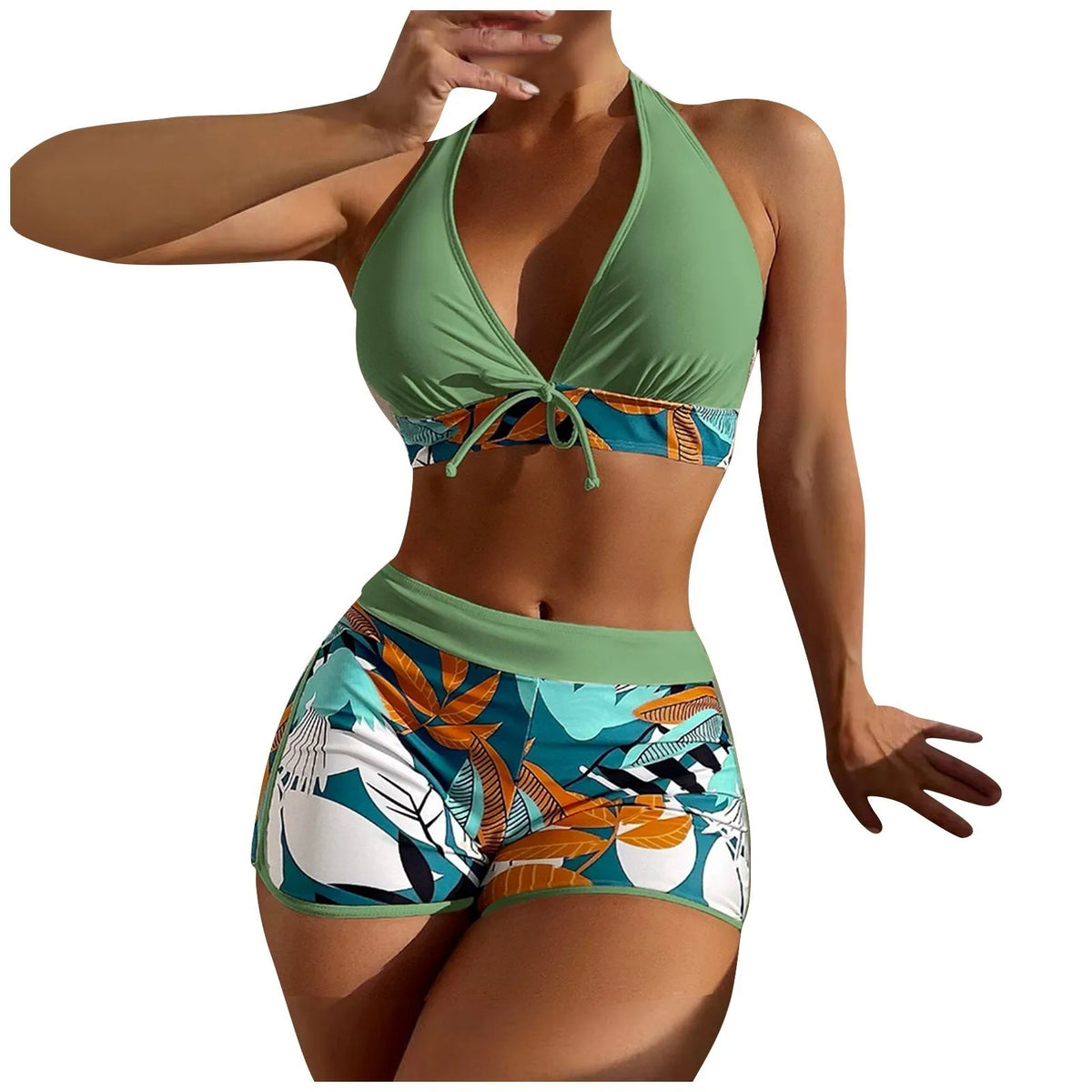 Women's Paneled Printed Swimsuit Ladies Fashion High Waist Swimsuit Two-Piece Set V-Neck Bathing Suits Female