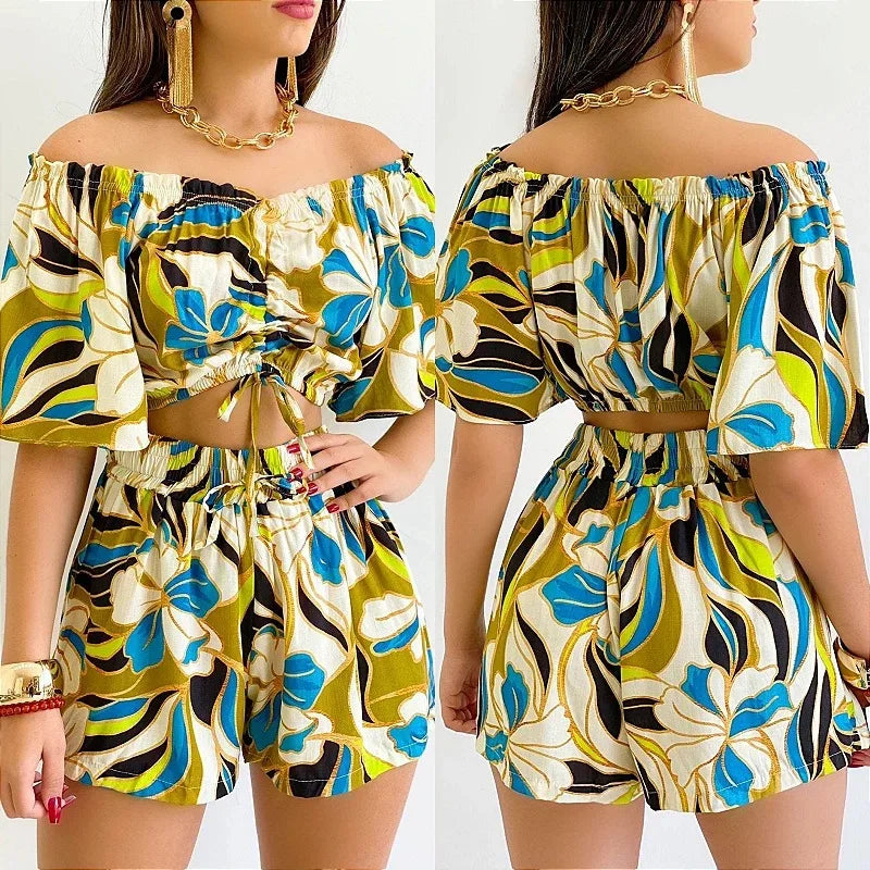 Shoulder Slash Neck T-shirt Shorts Set Office Lady Floral Print Lace Up Short Sleeve Two Piece Set Women Outfit 2026