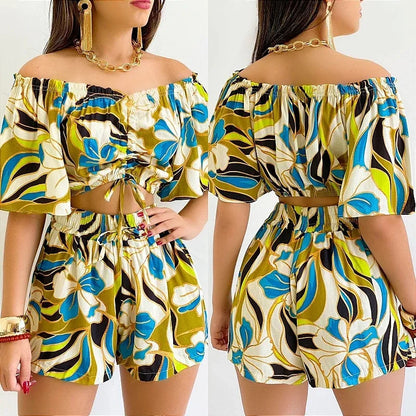 Shoulder Slash Neck T-shirt Shorts Set Office Lady Floral Print Lace Up Short Sleeve Two Piece Set Women Outfit 2026