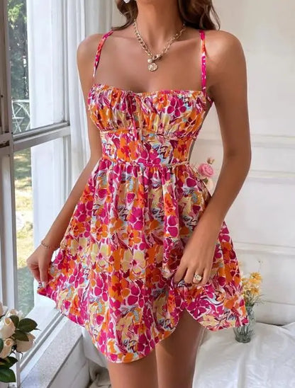 Womens Dresses 2026 Spring Summer New Fashion Floral Print Square Collar Backless Beach Vacation Lace Up Casual Mini Dress