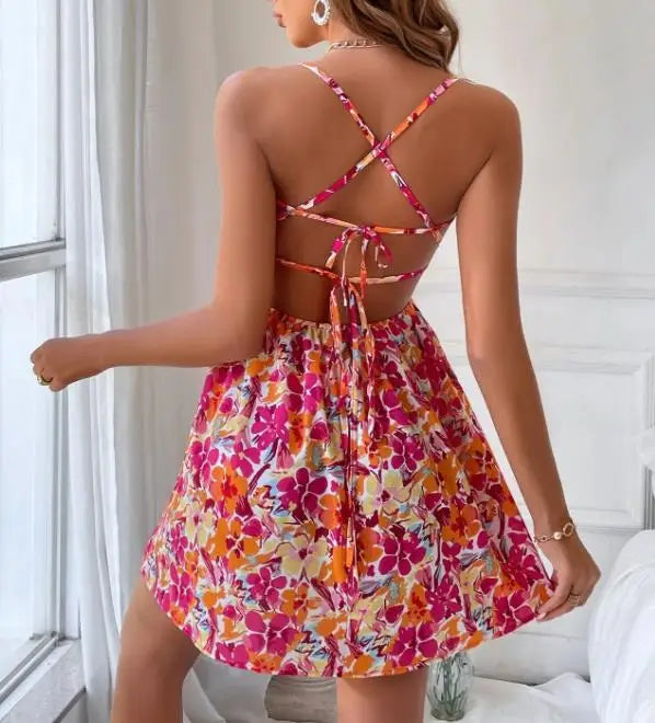 Womens Dresses 2026 Spring Summer New Fashion Floral Print Square Collar Backless Beach Vacation Lace Up Casual Mini Dress