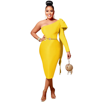 Women One Shoulder Skew Neck Bow Splicing One Long Sleeve Bodycon Midi Dress 2022 Sexy Party Prom Evenging Summer Dresses