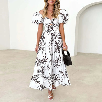 Summer V Neck Cutout Floral Print Dresses Elegant Women Puff Short Sleeve Casual Dress Pleated Waisted Swing Beach Long Dress 2026