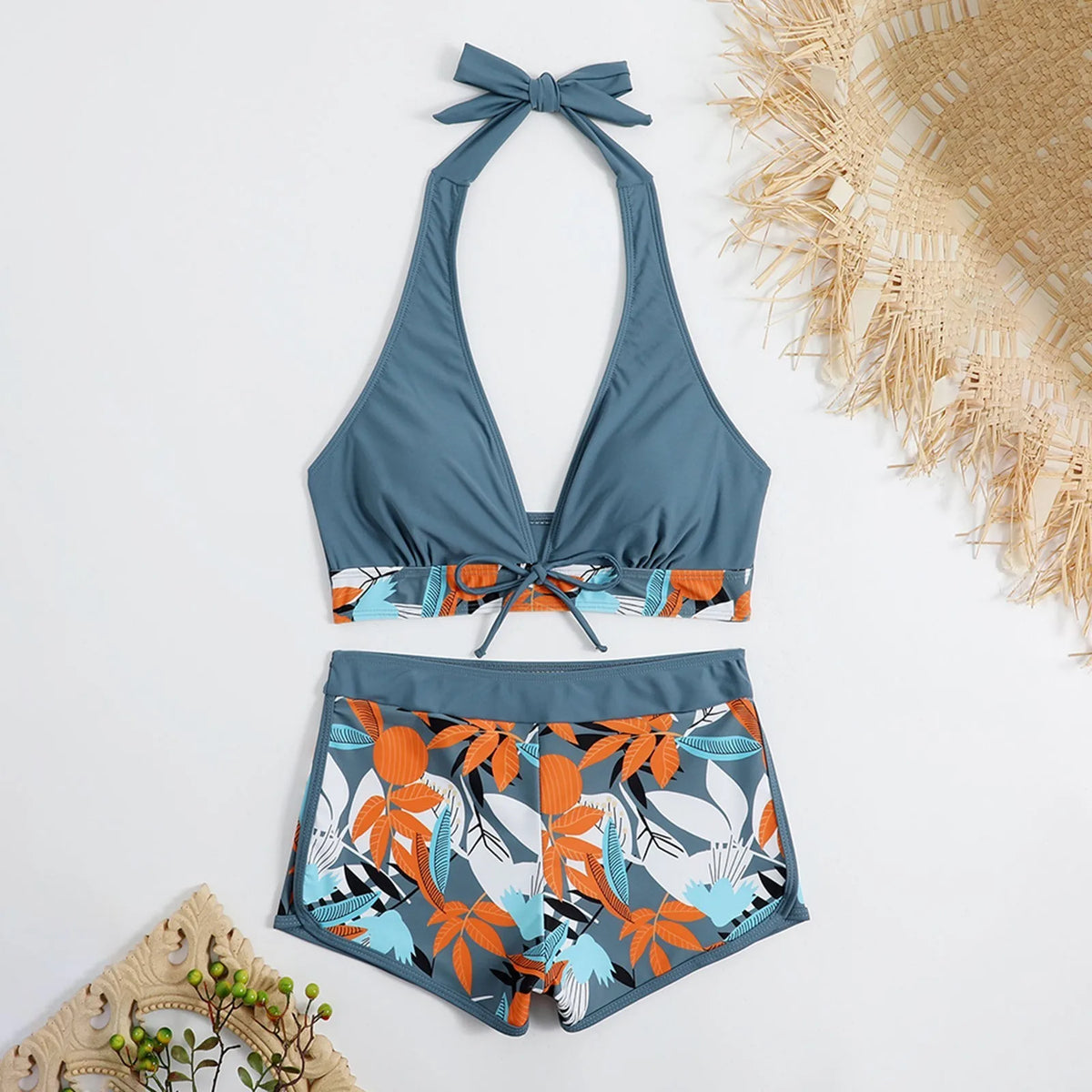 Women's Paneled Printed Swimsuit Ladies Fashion High Waist Swimsuit Two-Piece Set V-Neck Bathing Suits Female