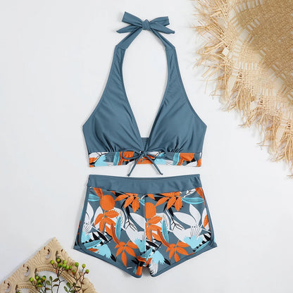 Women's Paneled Printed Swimsuit Ladies Fashion High Waist Swimsuit Two-Piece Set V-Neck Bathing Suits Female