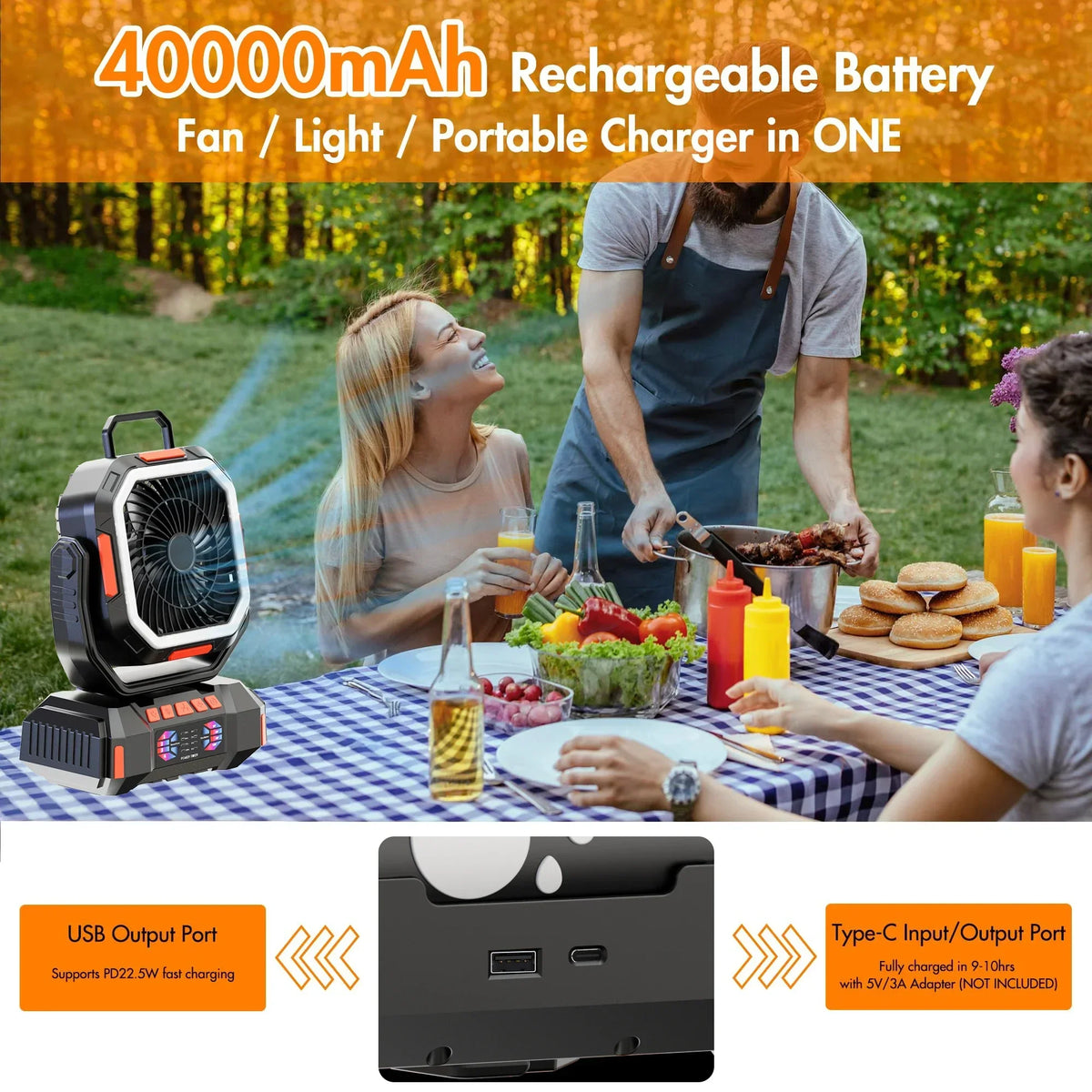 40000mAh Rechargeable Camping Fan with LED Light & Remote