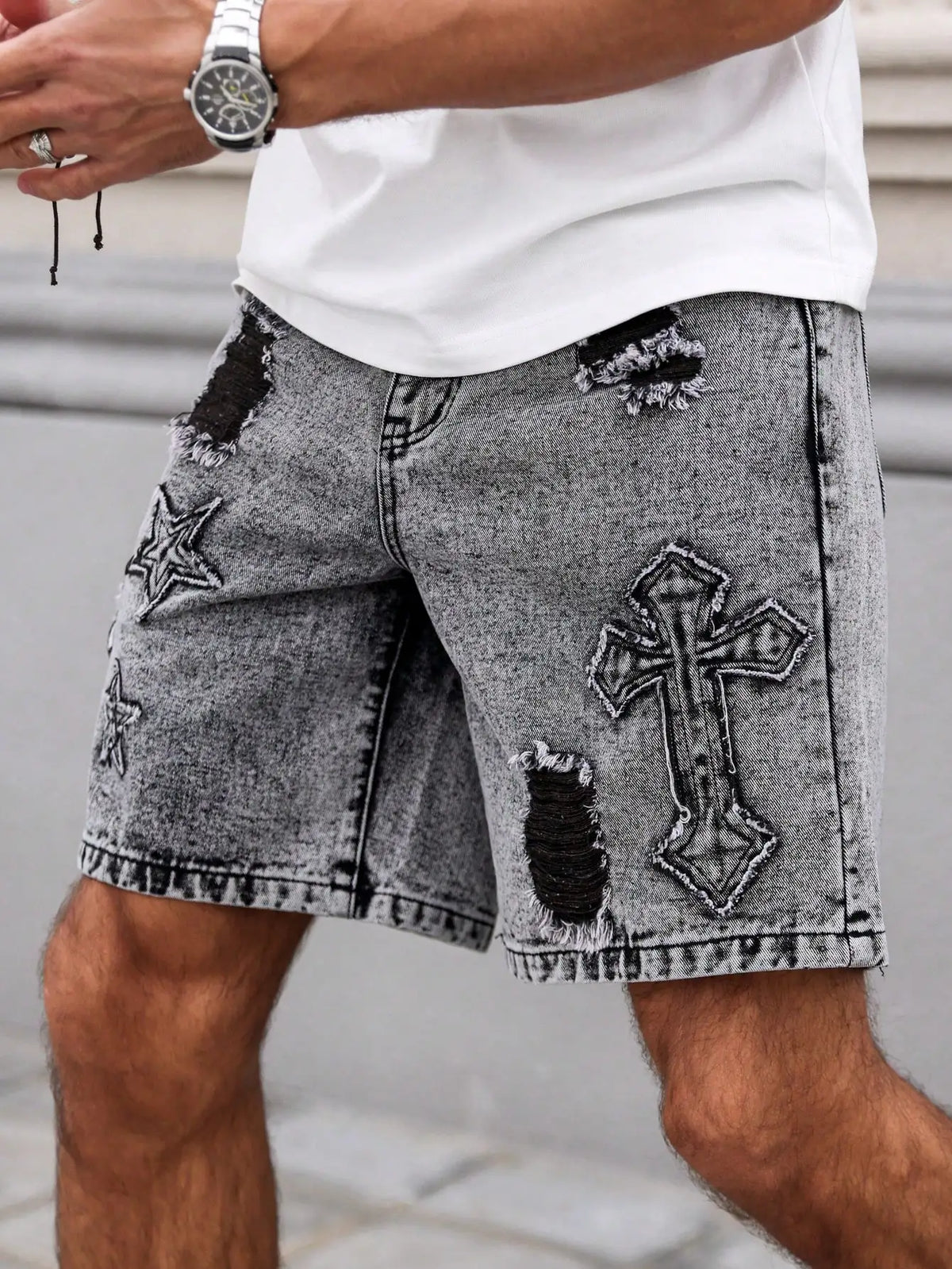 Men's Summer Denim Shorts. Straight-leg fit. Ripped design. Dark gray denim embroidered shorts