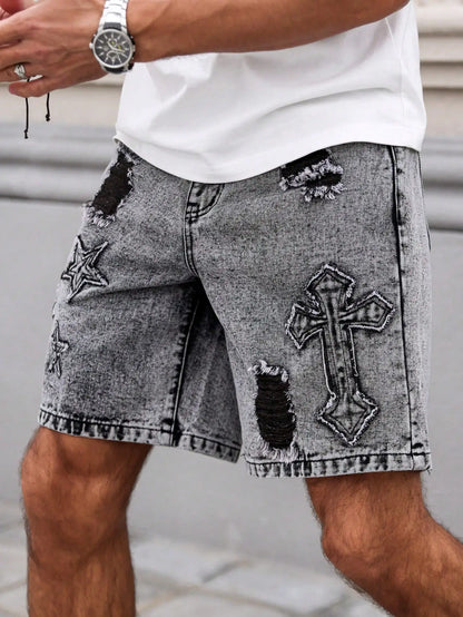 Men's Summer Denim Shorts. Straight-leg fit. Ripped design. Dark gray denim embroidered shorts