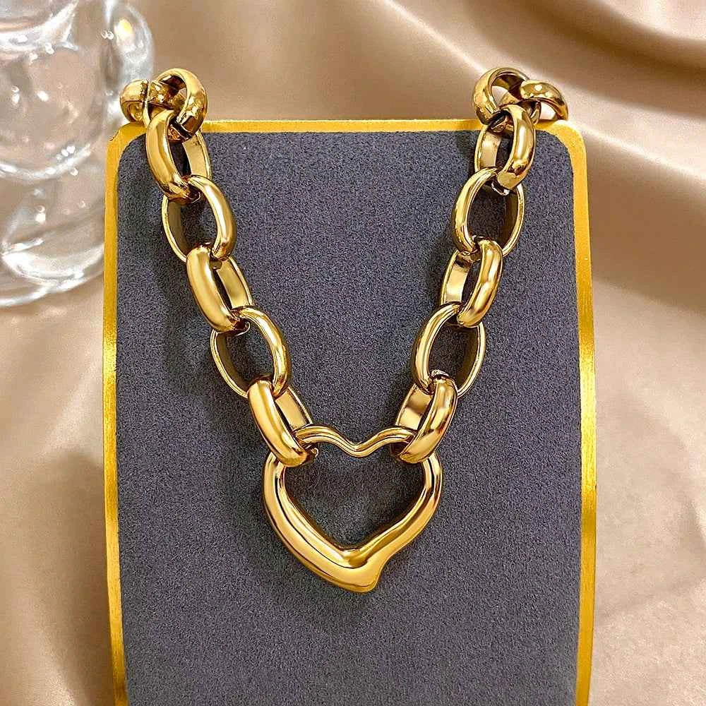 Golden Stainless Steel Irregular Hollow Heart Pendant Necklace