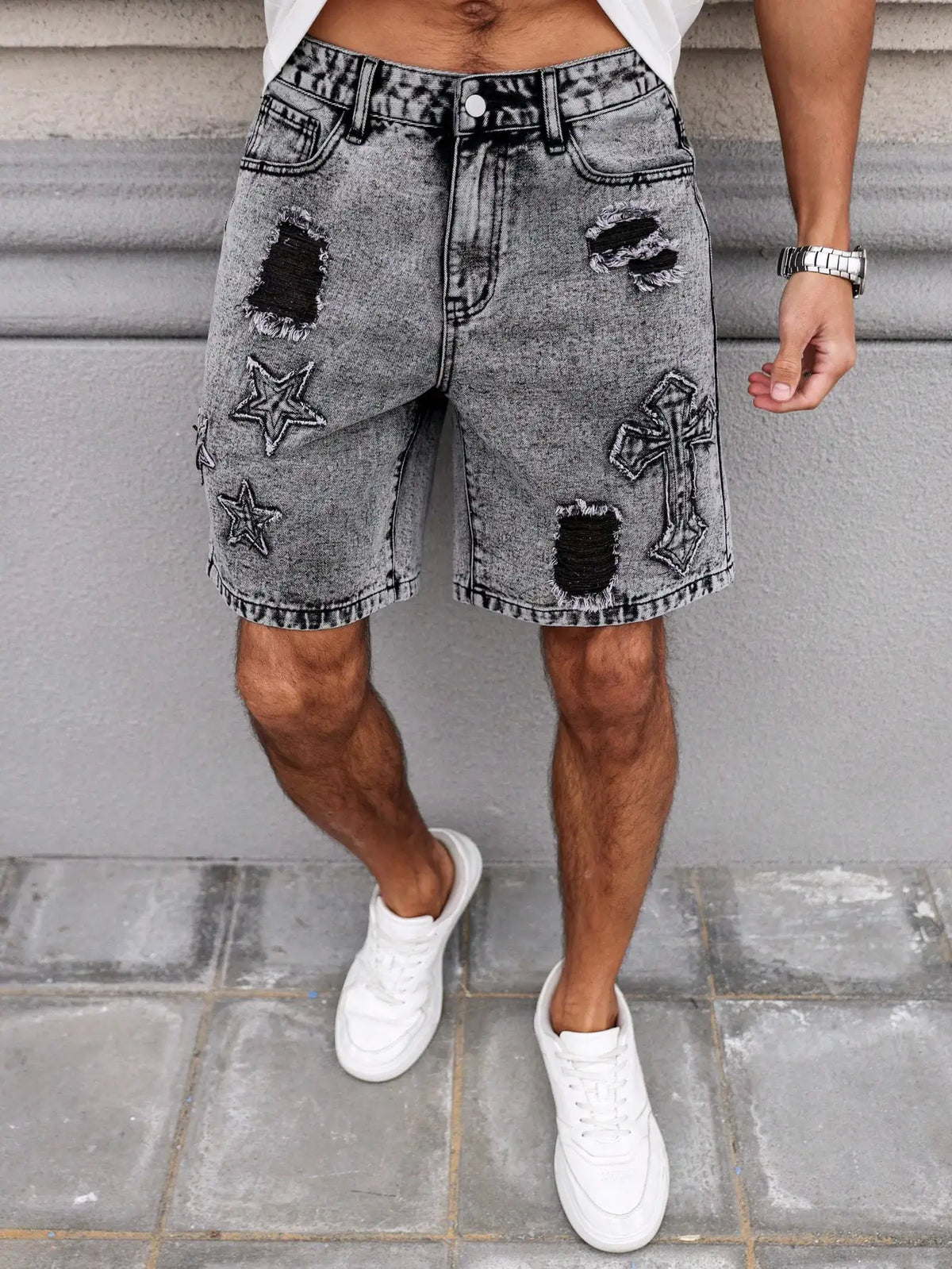 Men's Summer Denim Shorts. Straight-leg fit. Ripped design. Dark gray denim embroidered shorts