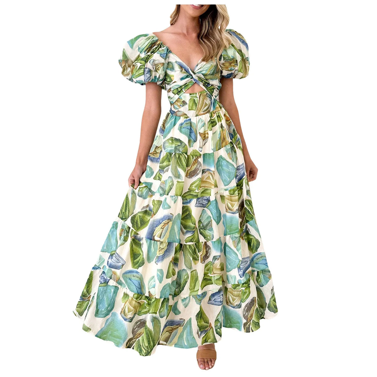 Summer V Neck Cutout Floral Print Dresses Elegant Women Puff Short Sleeve Casual Dress Pleated Waisted Swing Beach Long Dress 2026