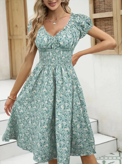 2026 Summer New Vintage Floral Bubble Sleeve French Dress