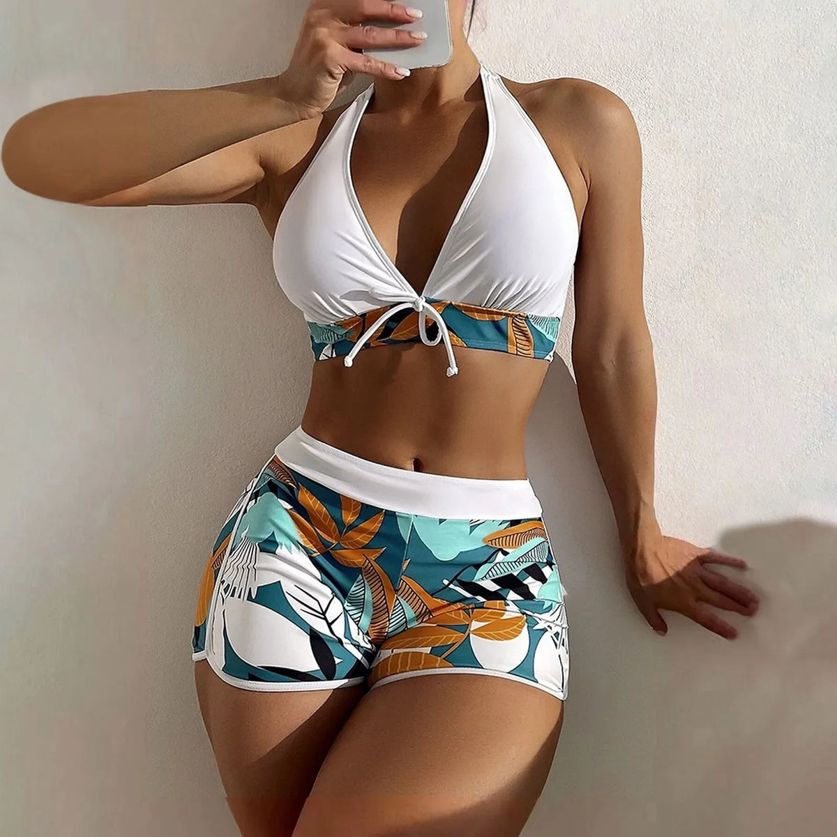 Women's Paneled Printed Swimsuit Ladies Fashion High Waist Swimsuit Two-Piece Set V-Neck Bathing Suits Female