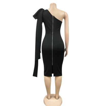 Women One Shoulder Skew Neck Bow Splicing One Long Sleeve Bodycon Midi Dress 2022 Sexy Party Prom Evenging Summer Dresses