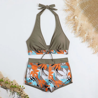 Women's Paneled Printed Swimsuit Ladies Fashion High Waist Swimsuit Two-Piece Set V-Neck Bathing Suits Female