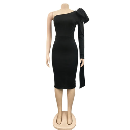 Women One Shoulder Skew Neck Bow Splicing One Long Sleeve Bodycon Midi Dress 2022 Sexy Party Prom Evenging Summer Dresses