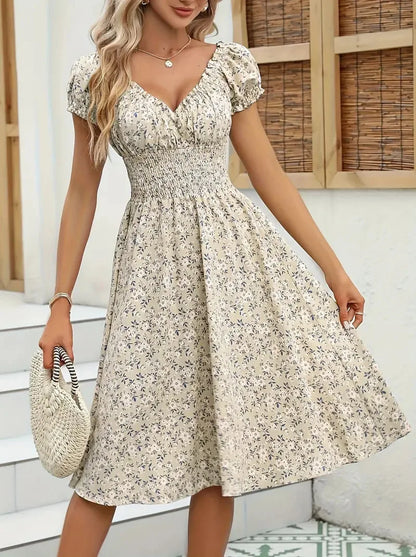 2026 Summer New Vintage Floral Bubble Sleeve French Dress
