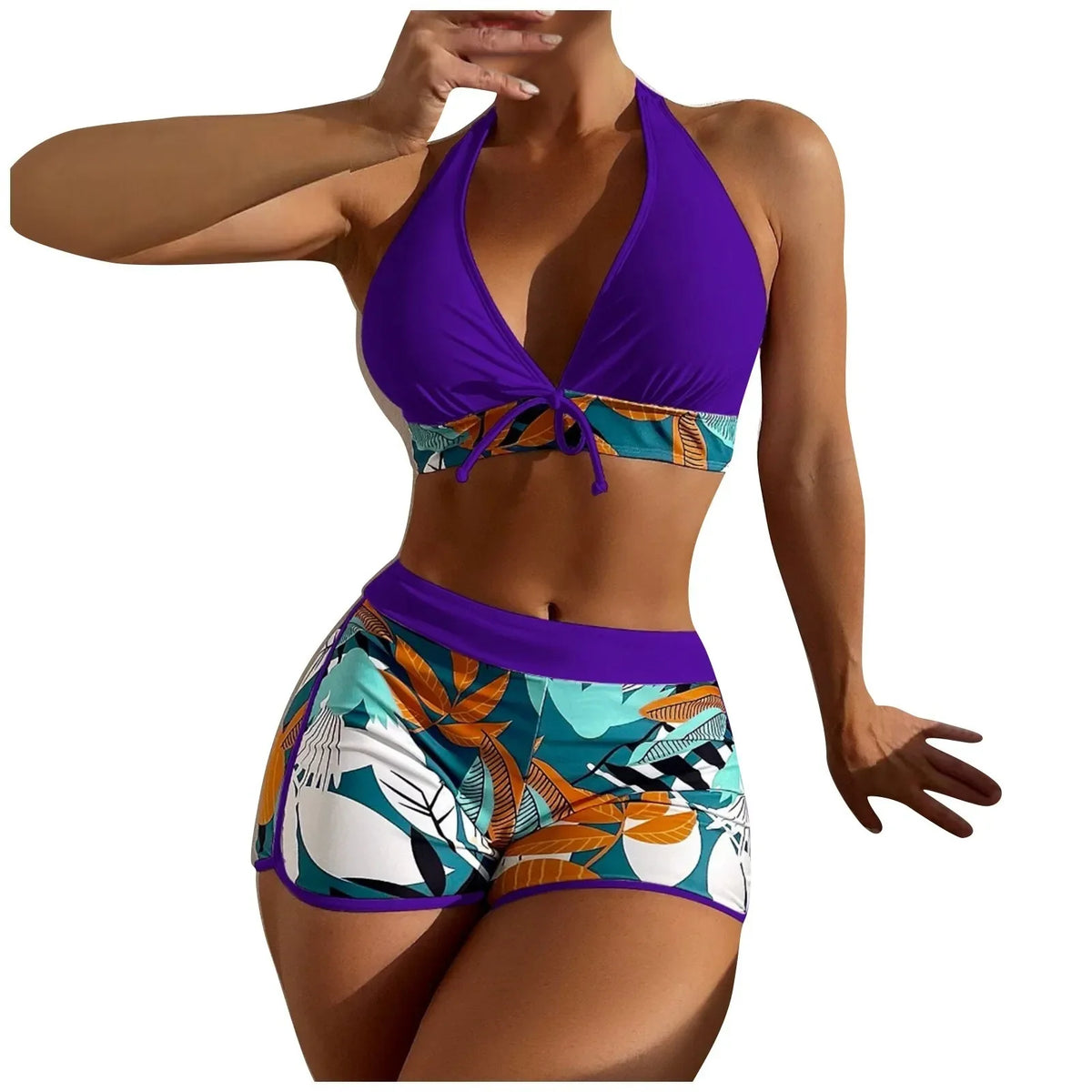 Women's Paneled Printed Swimsuit Ladies Fashion High Waist Swimsuit Two-Piece Set V-Neck Bathing Suits Female