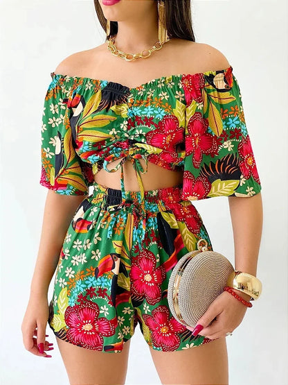 Shoulder Slash Neck T-shirt Shorts Set Office Lady Floral Print Lace Up Short Sleeve Two Piece Set Women Outfit 2026