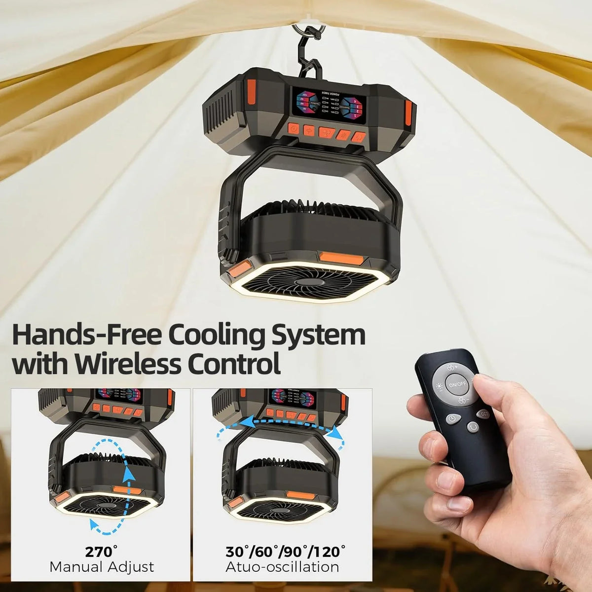 40000mAh Rechargeable Camping Fan with LED Light & Remote