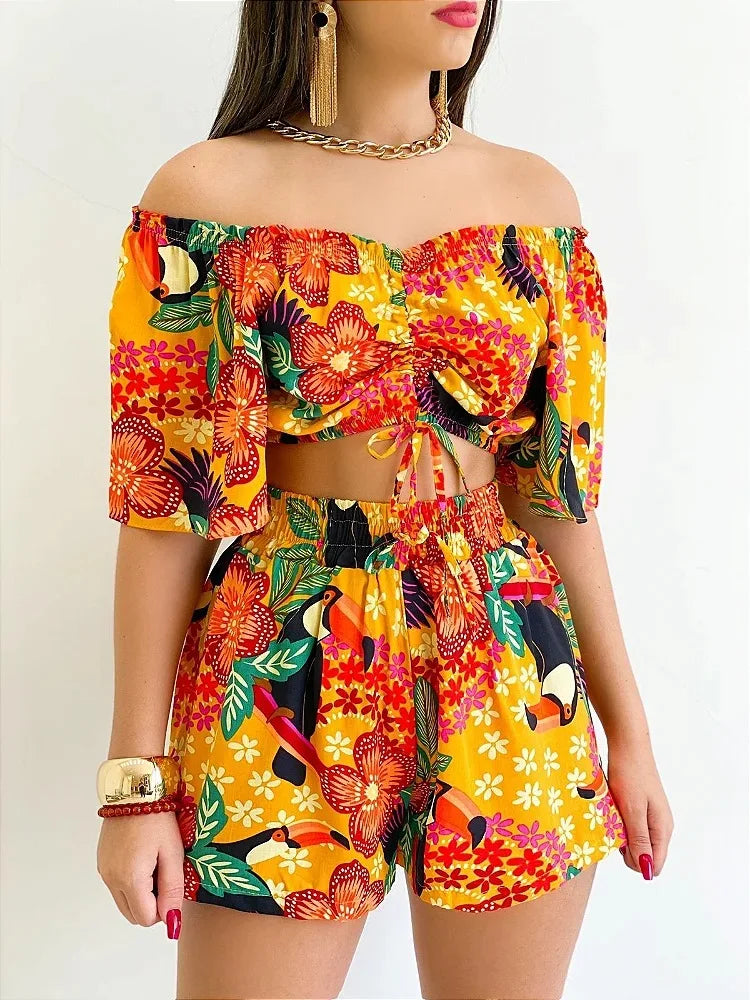 Shoulder Slash Neck T-shirt Shorts Set Office Lady Floral Print Lace Up Short Sleeve Two Piece Set Women Outfit 2026