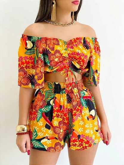 Shoulder Slash Neck T-shirt Shorts Set Office Lady Floral Print Lace Up Short Sleeve Two Piece Set Women Outfit 2026