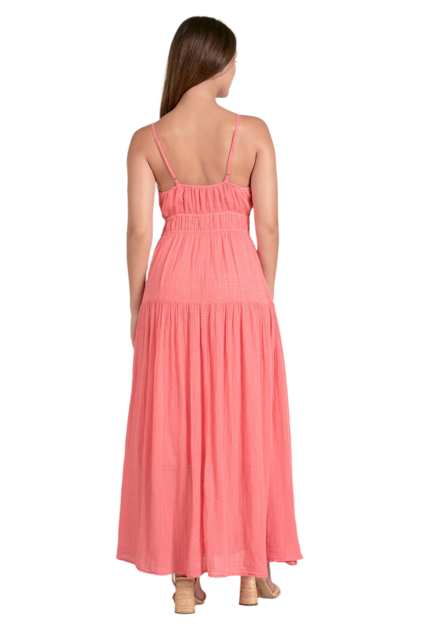 Elan Tiered Tie Front Maxi Dress - Coral - FINAL SALE