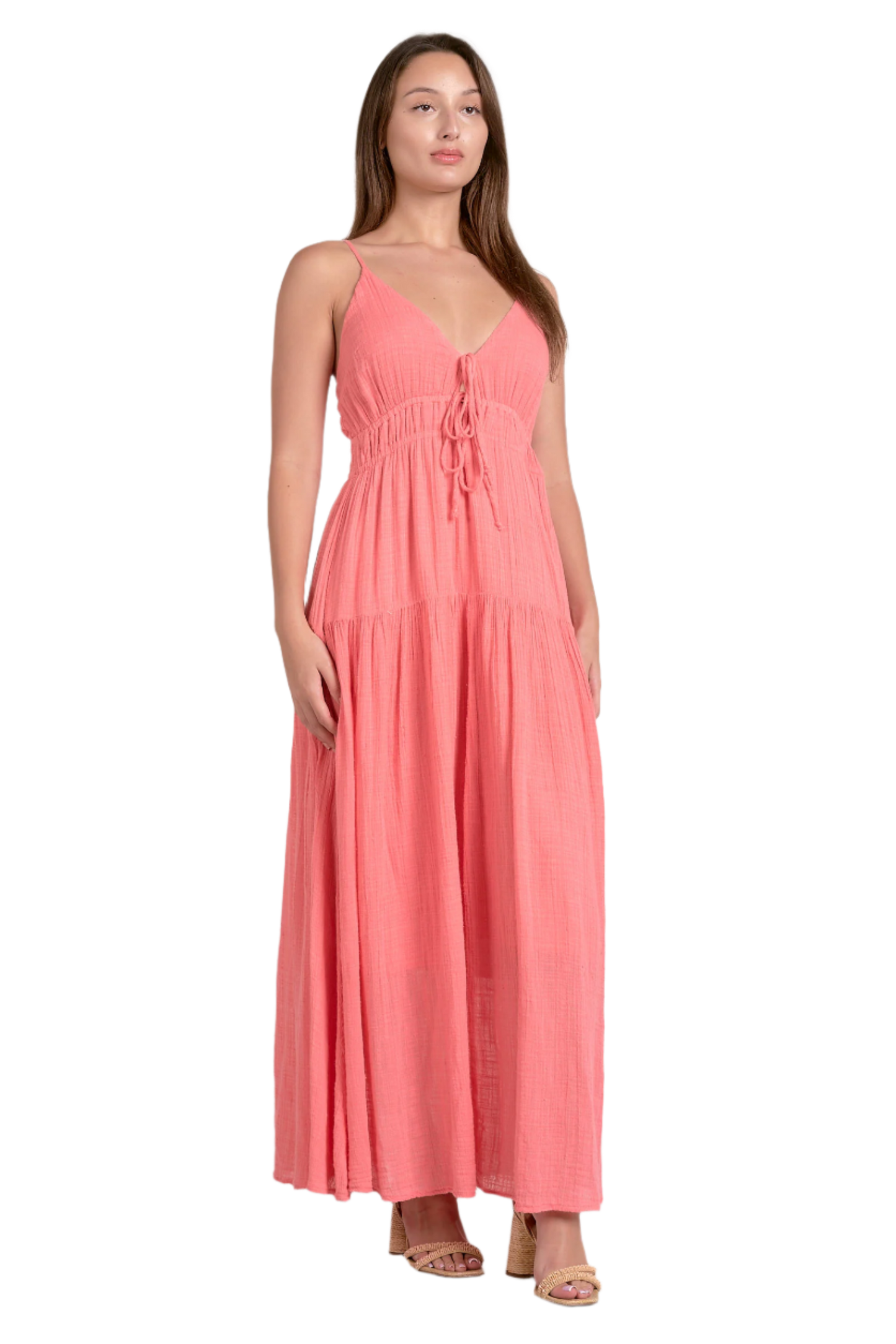 Elan Tiered Tie Front Maxi Dress - Coral - FINAL SALE
