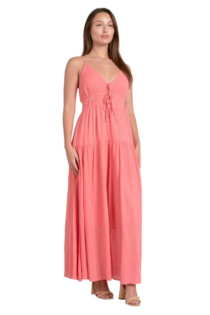 Elan Tiered Tie Front Maxi Dress - Coral - FINAL SALE