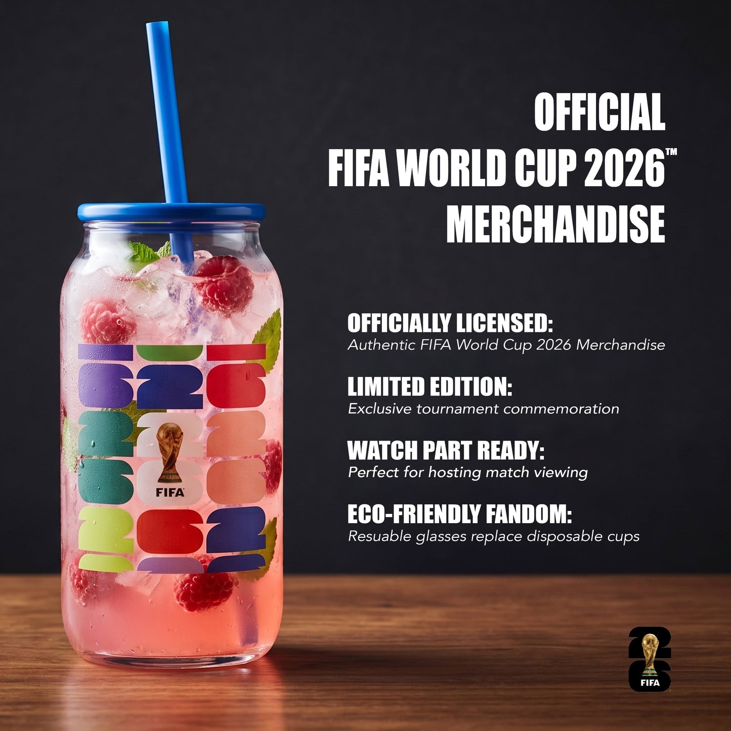 FIFA Trophy Glass Sipper with Blue Plastic Lid & Straw 18 OZ.