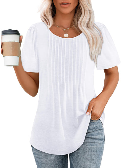 Women's Short Sleeve Pleated Dressy Casual Scooped Neck Tops